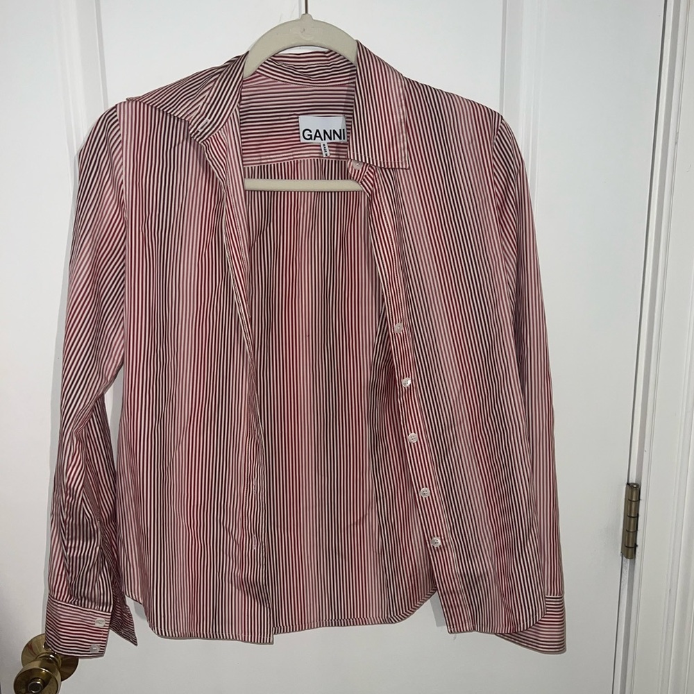 GANNI - cotton button down, pink, red, white. Worn once!